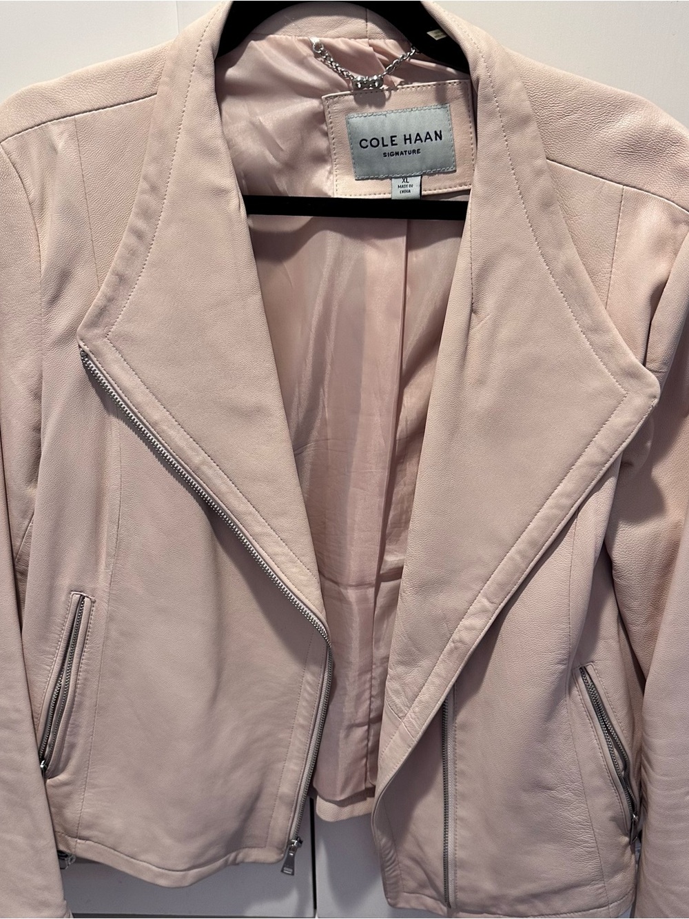 Cole Haan Signature Genuine Leather Moto Jacket Blush Pink XL Asymmetrical Zip